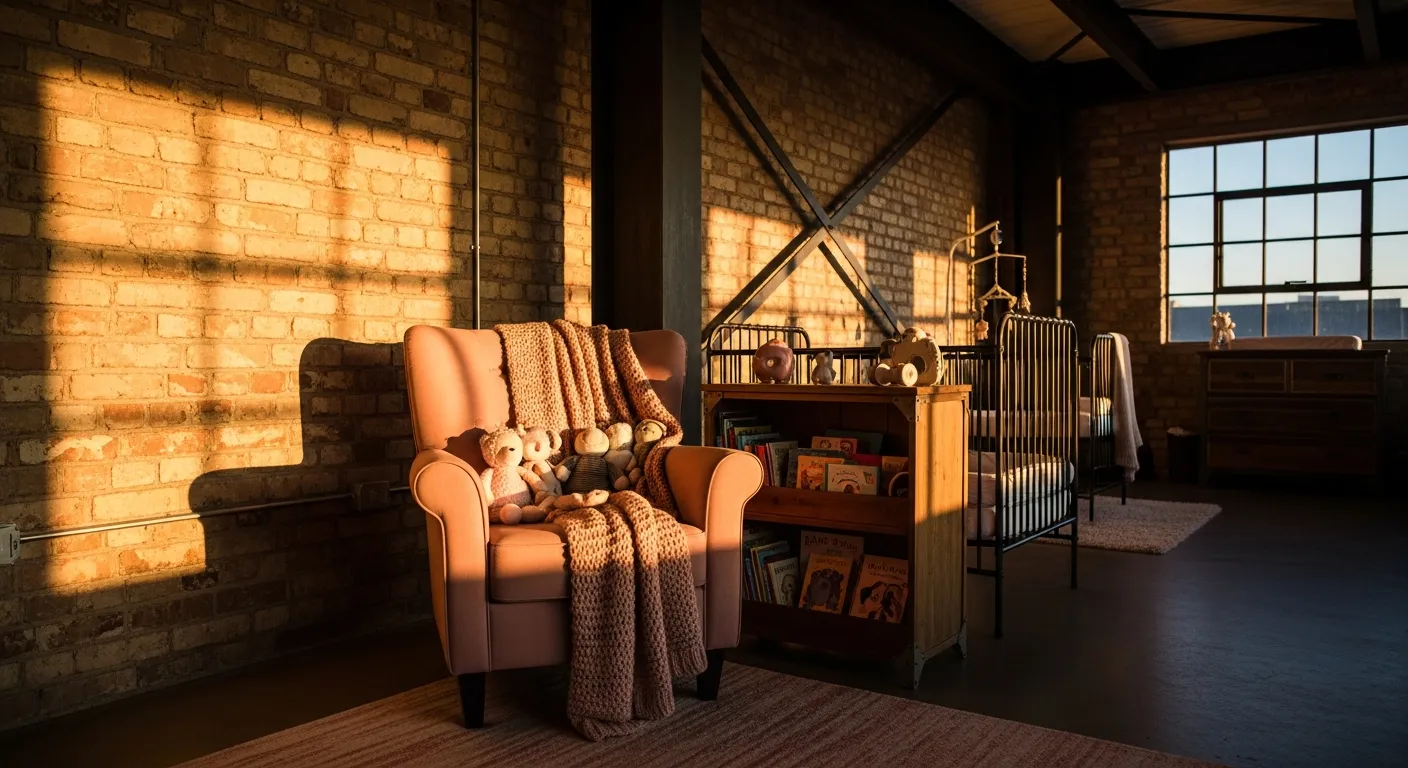 Industrial nursery featuring blush pink walls, an exposed metal crib, and warm vintage edison lighting.