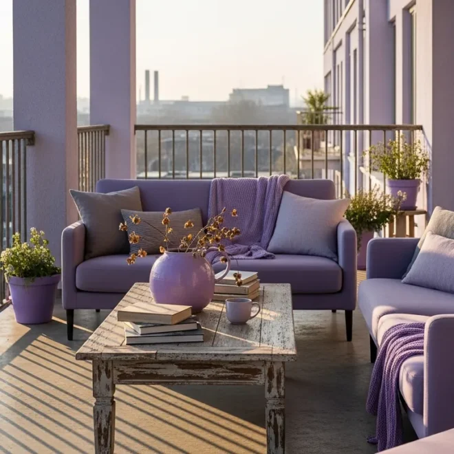 Industrial outdoor balcony featuring raw metal accents softened by beautiful lilac textiles and decor.