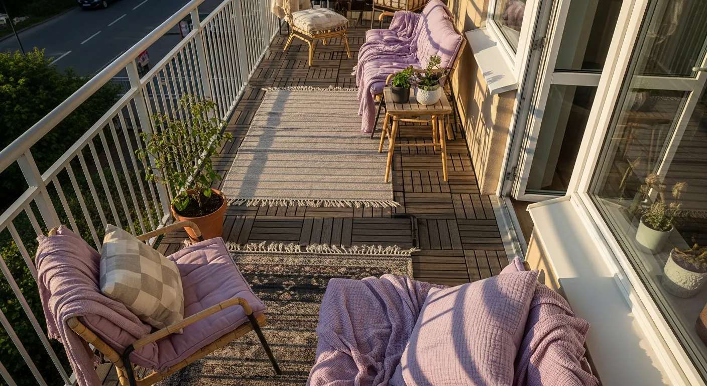 Rugged concrete and sleek metal fixtures contrasting with lilac textiles on a balcony.
