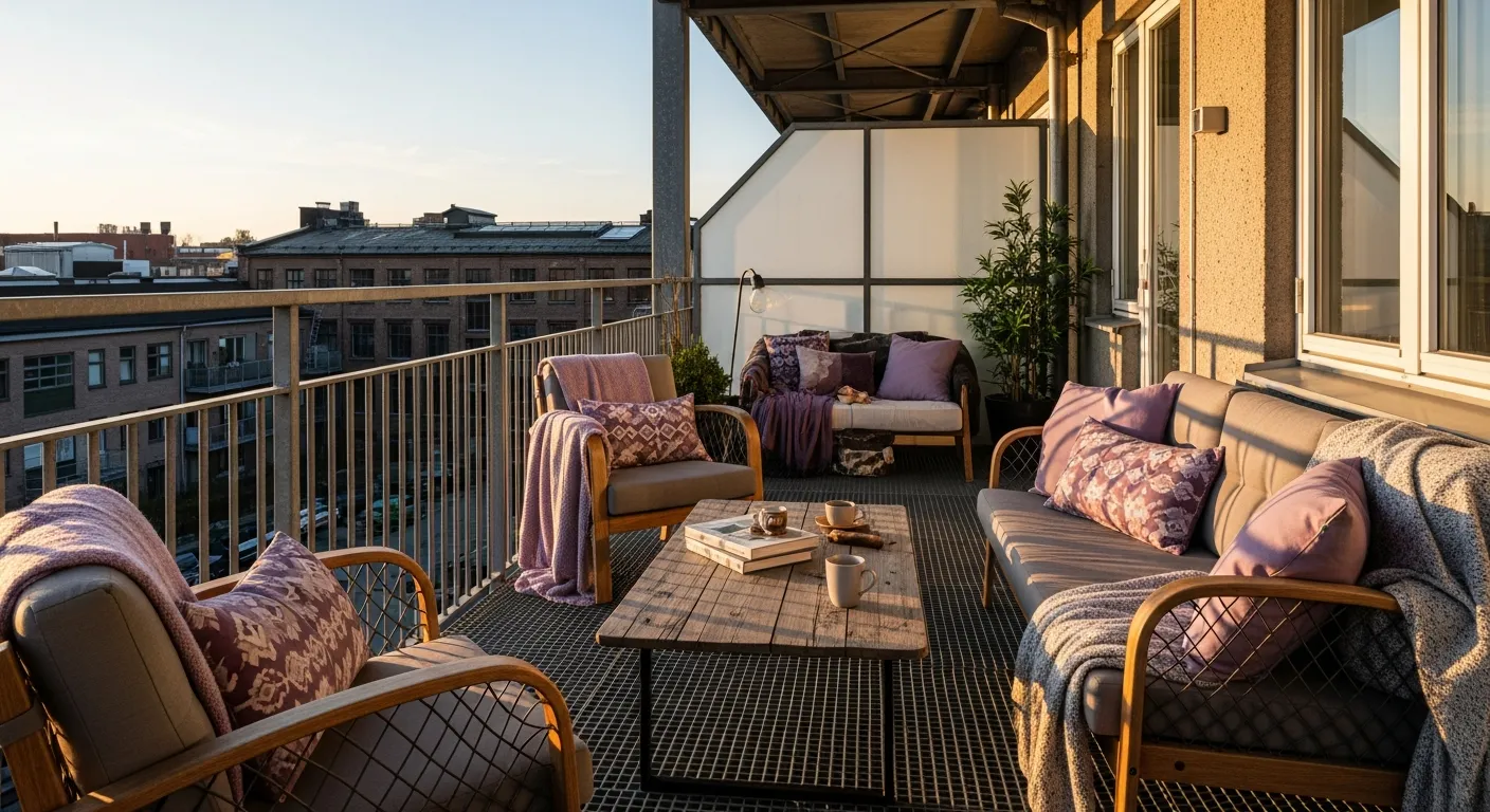 Exposed brick and lilac furnishings creating a cozy industrial outdoor space.