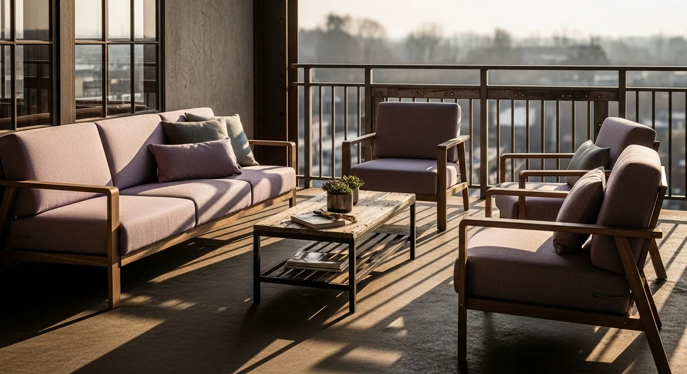 Matte black metal accents and soft lilac textiles on a concrete outdoor balcony.