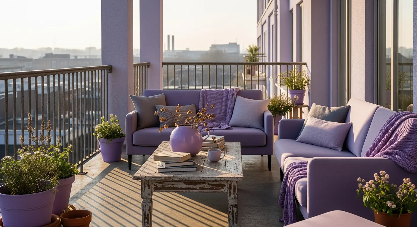 Psychology of lilac in Industrial Outdoor Balcony ideas featuring raw metal accents.