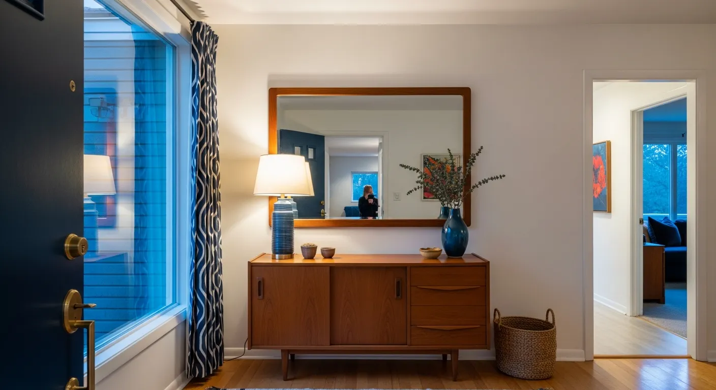Inky blue walls highlighting warm mid-century modern wood tones in a stylish everyday entryway