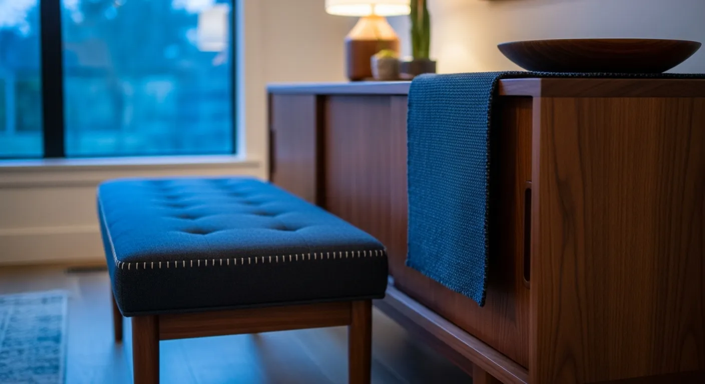 Mid-century modern entryway ideas featuring midnight blue paint and sleek wood furniture