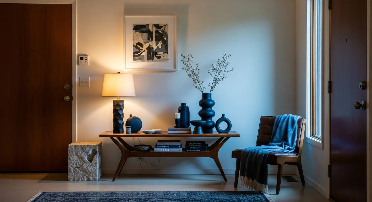 Welcoming foyer showcasing mid-century modern entryway ideas with a striking blue accent wall