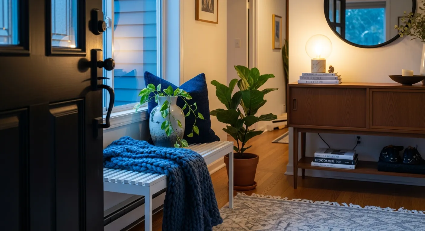 Midnight blue entryway walls contrasting with a warm walnut wood console and brass decor accents