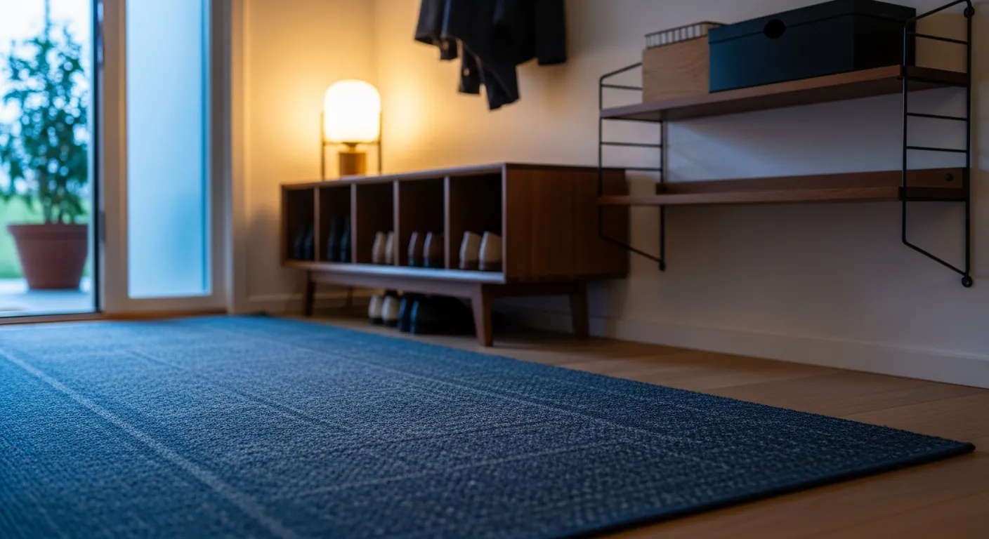 Retro entryway design with midnight blue paint creating a moody backdrop for mid-century furniture