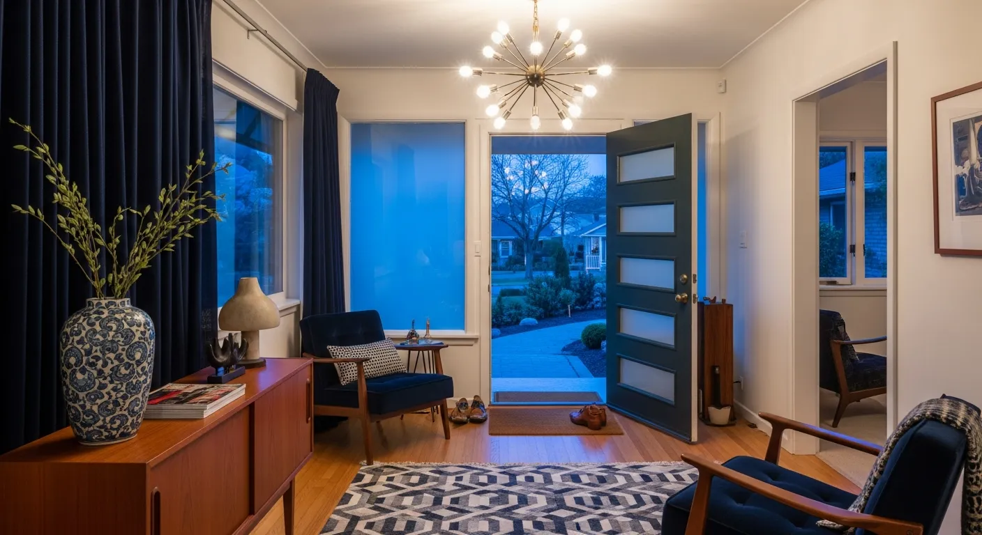 Sleek mid-century modern wood console against a dramatic inky midnight blue foyer accent wall