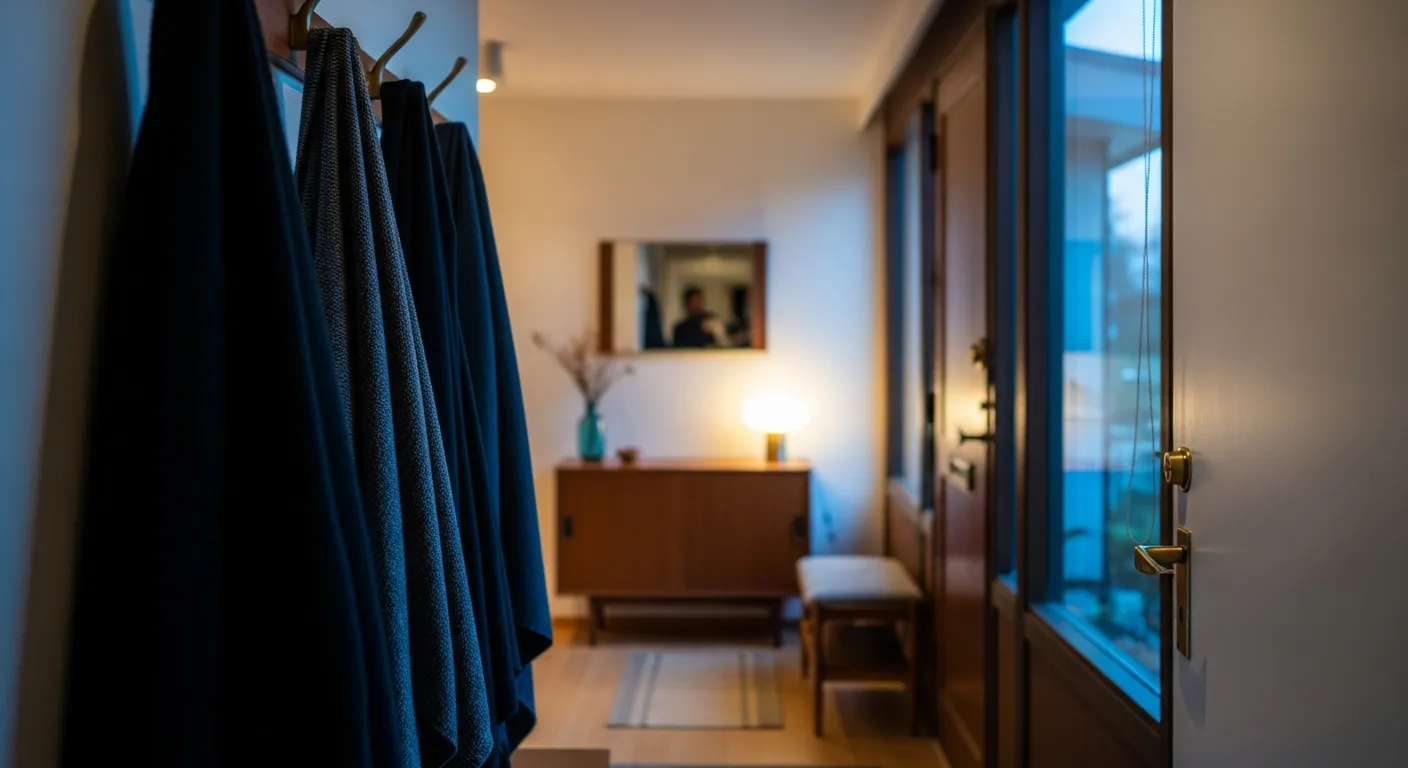 Warm wood tones and mid-century entryway decor standing out against an everyday dark blue backdrop
