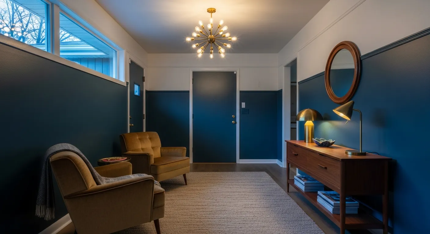 Dark inky midnight blue wall in a mid-century modern entryway with a walnut console table