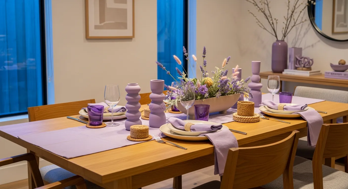Soft lavender walls complementing dark sleek furniture in a modern dining room setting