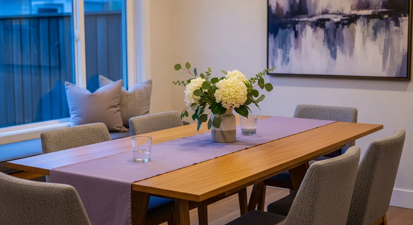 Calming lavender color palette paired with sleek minimalist furniture in a contemporary dining space