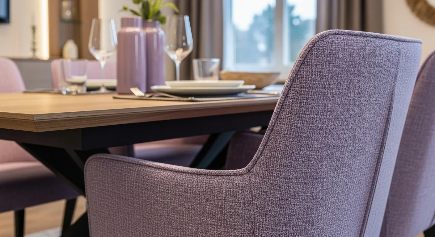 Sleek contemporary dining table paired with lavender chairs in a modern dining room