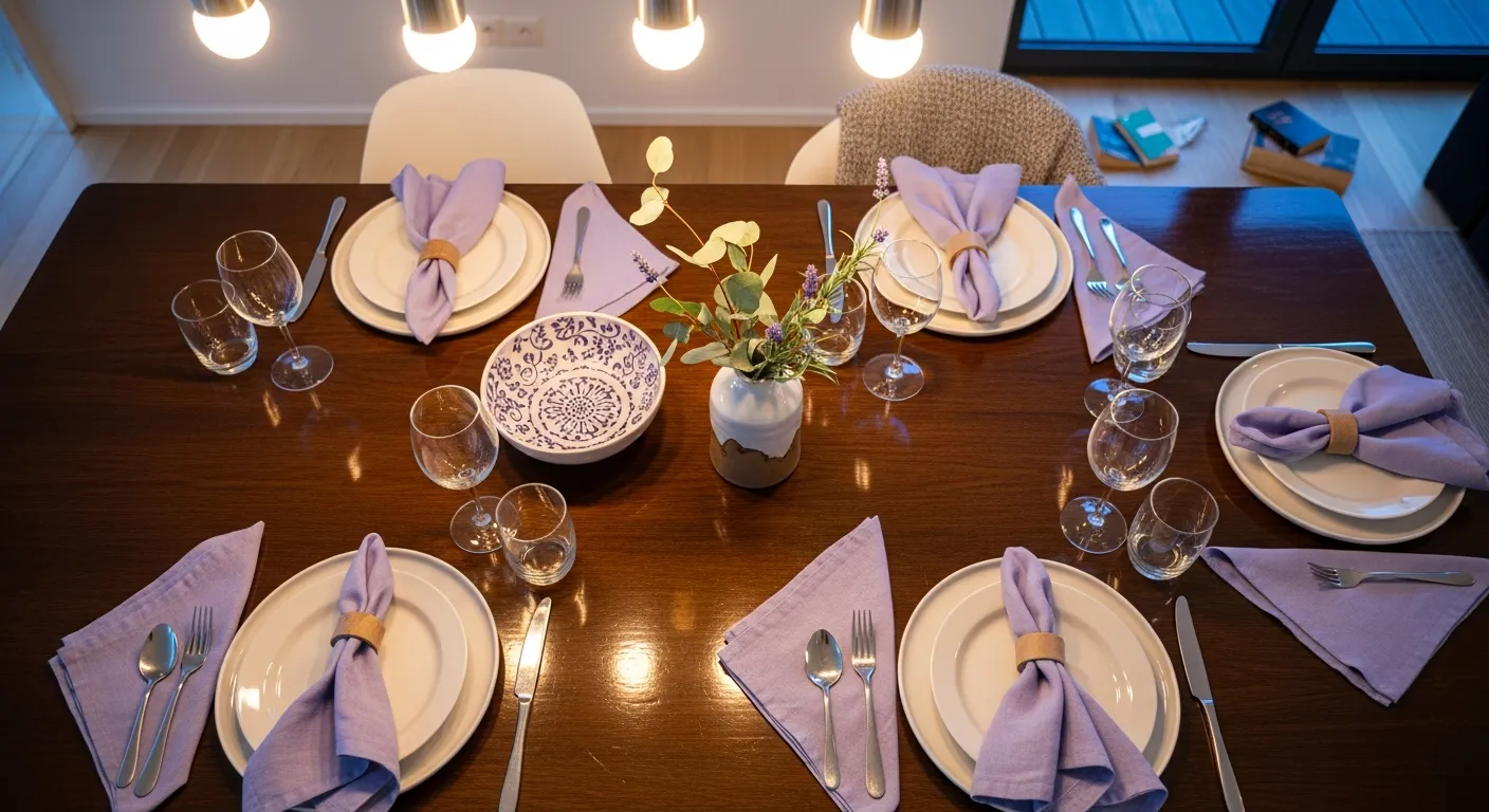Chic contemporary lighting and lavender dining chairs in a modern everyday space