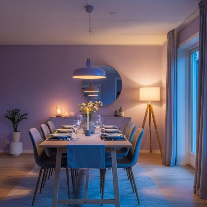 Modern lavender dining room with sleek minimalist furniture and soft purple decor