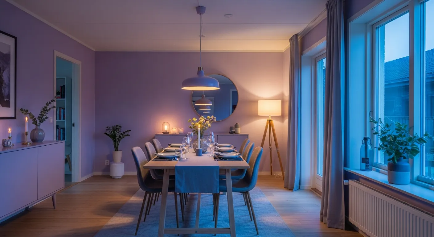 Modern lavender dining room interior with minimalist furniture and soft purple decor for psychological calm