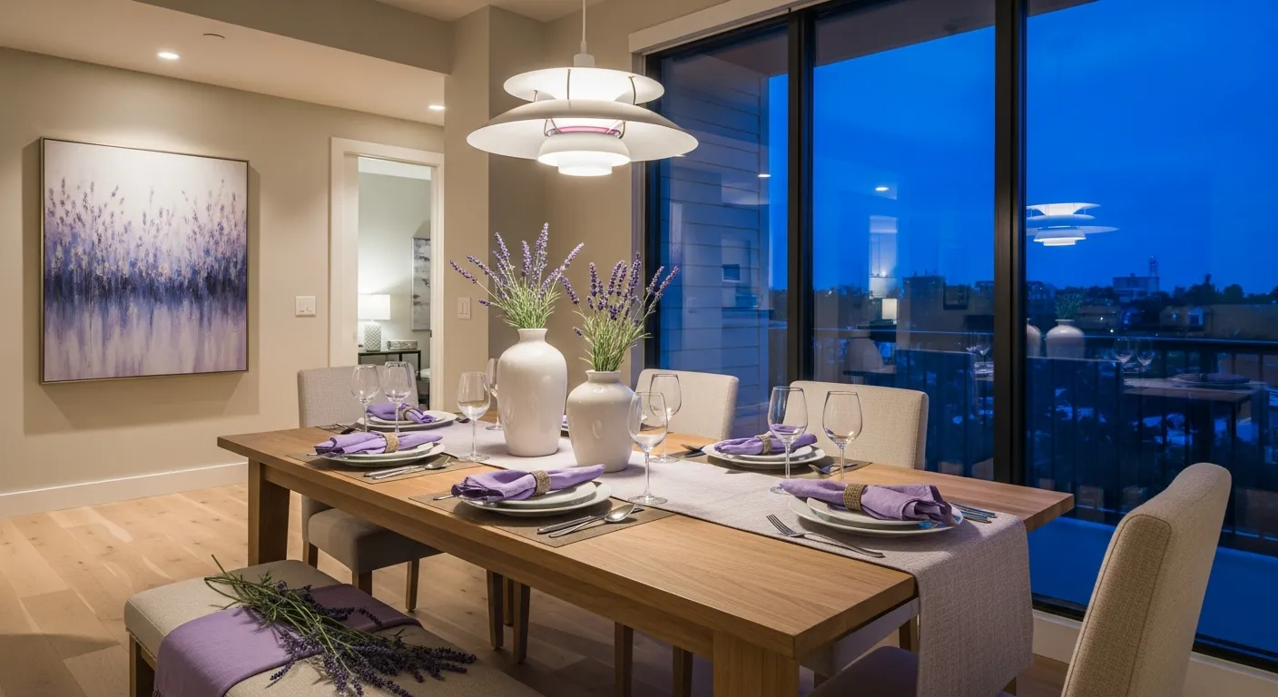 Minimalist chandelier lighting over a sleek table with subtle lavender dining room walls