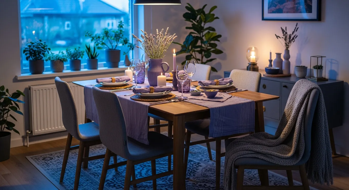 Modern dining room styling with sleek minimalist furniture and lavender accent walls