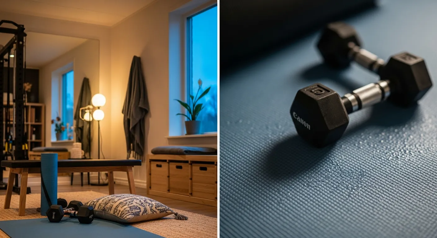 Step by step guide to creating a Scandinavian home gym with dusty blue walls and light wood flooring.