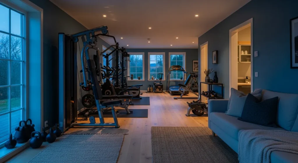 Scandinavian style home gym featuring dusty blue walls, light wood accents, and minimal equipment.