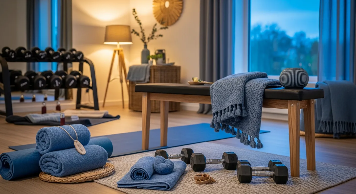 Warm light wood accents beautifully blending with dusty blue walls in a Scandinavian workout space.