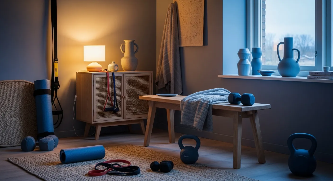 Color palette ideas for a serene Scandinavian home gym featuring dusty blue walls and light wood floors.