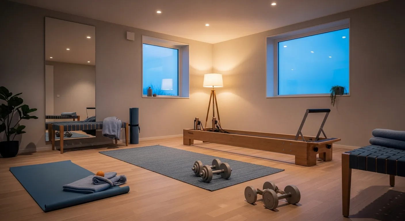 Minimalist light oak equipment in a Scandinavian style home gym with calming dusty blue walls.