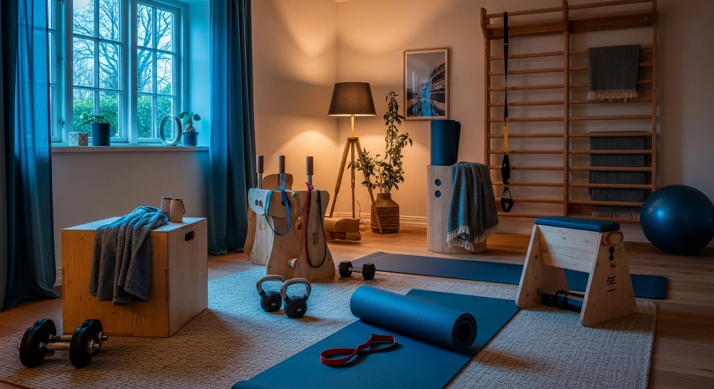 Luxury minimalist Scandinavian home gym featuring light wood exercise equipment against dusty blue walls.