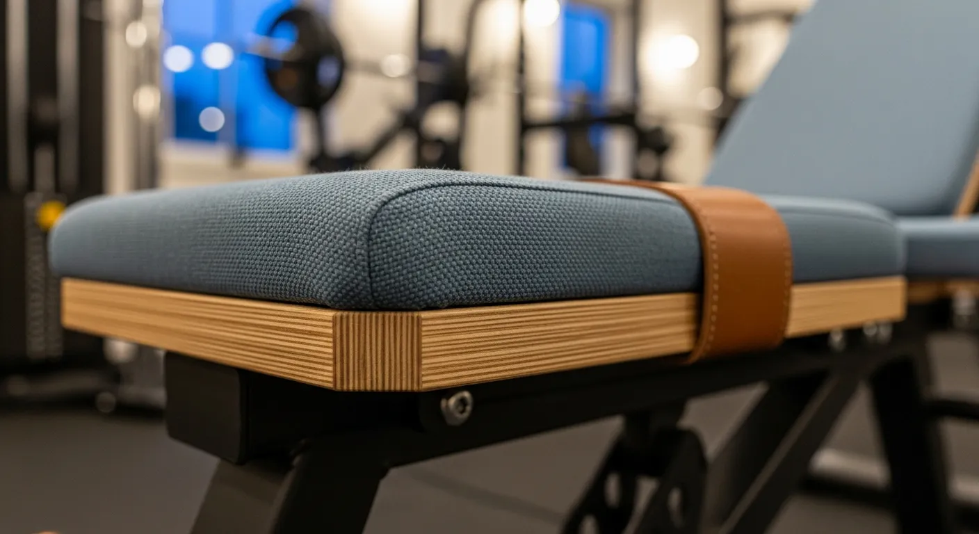 Essential furniture and decor for a serene Scandinavian home gym with dusty blue walls and minimalist equipment.